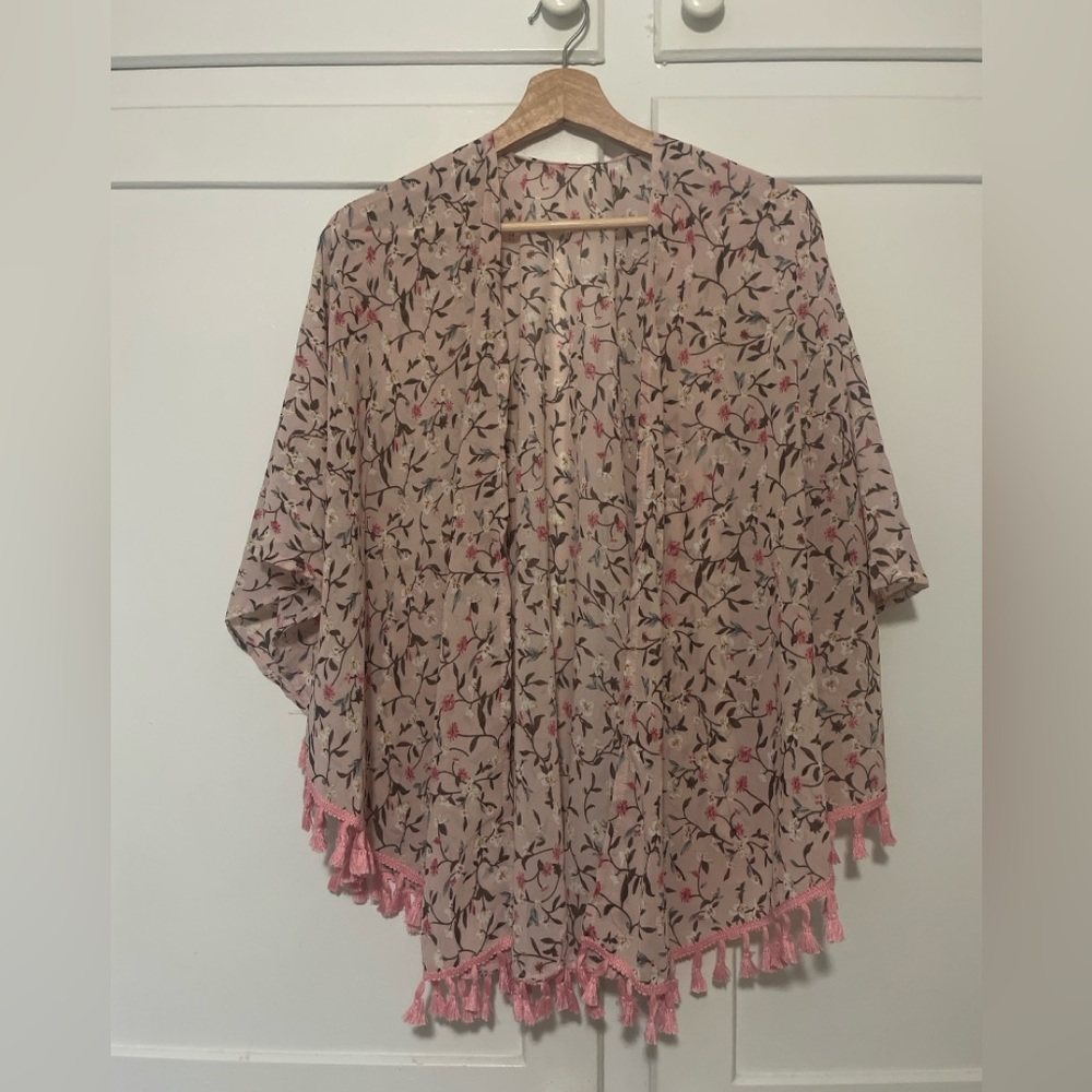 Sheer Floral Boho Kimono Cardigan Pink Tassel Trim Open Front Size Large L